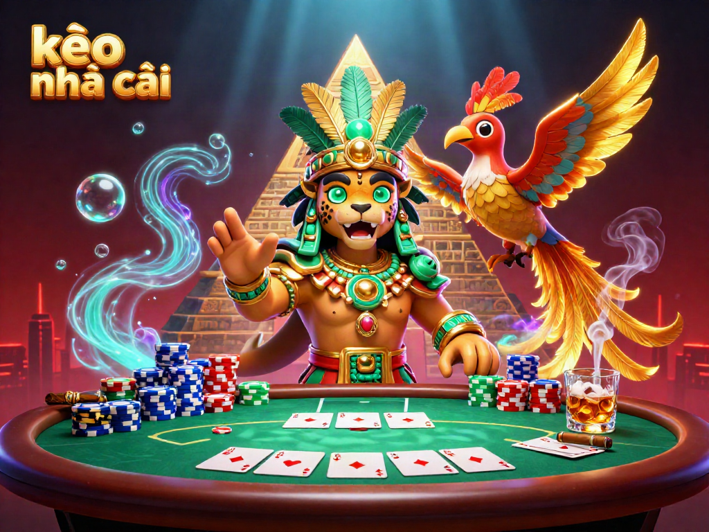 Bet on kèo nhà cái with vibrant characters amidst a rich casino scene filled with poker elements.