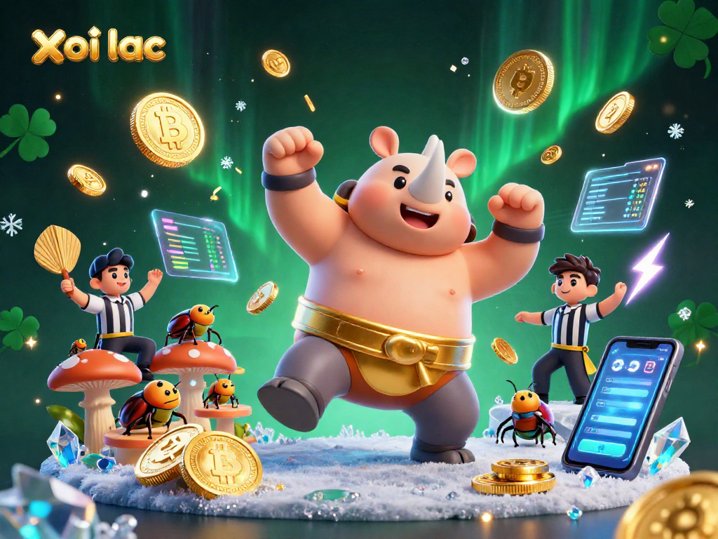 xoi lac showcases an exciting online casino match featuring a powerful beetle champion surrounded by glowing crypto elements.