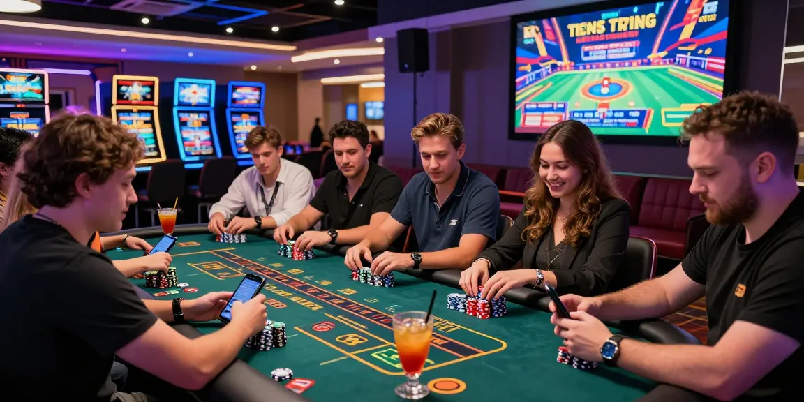 Exciting scene of players enjoying non UK casinos, vibrant gaming tables and lively atmosphere.