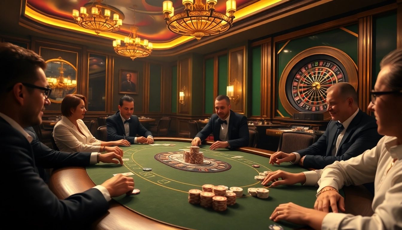Players strategizing in a luxurious poker game at 8kbet, showcasing chips and cards.