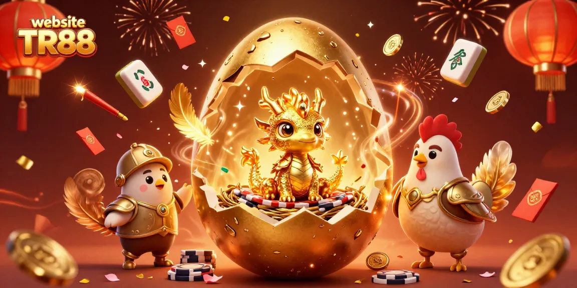 Experience thrilling gaming action at website TR88 with a dynamic illustration of a golden dragon amidst colorful casino elements.