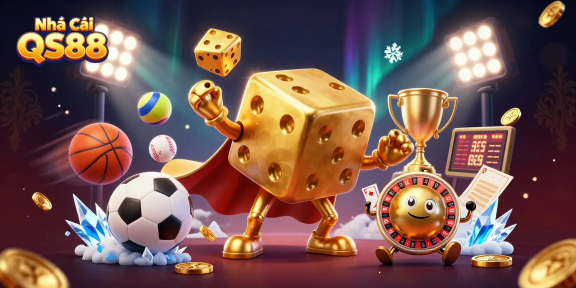 Engage with the vibrant offerings at Nhà cái QS88, featuring dynamic gaming elements including golden dice and sports balls.