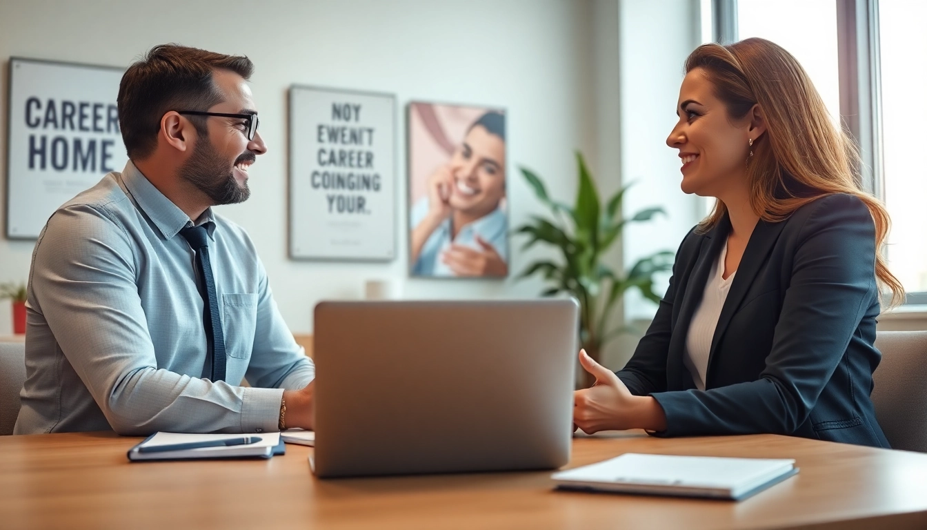 Career coaching session highlighting a consultant and client engaged in discussion, promoting personal and professional growth.