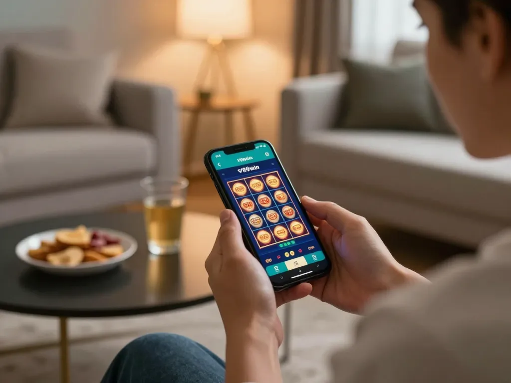 Engaging with the 789win app at home with slot games on smartphone, creating a responsible gaming atmosphere.