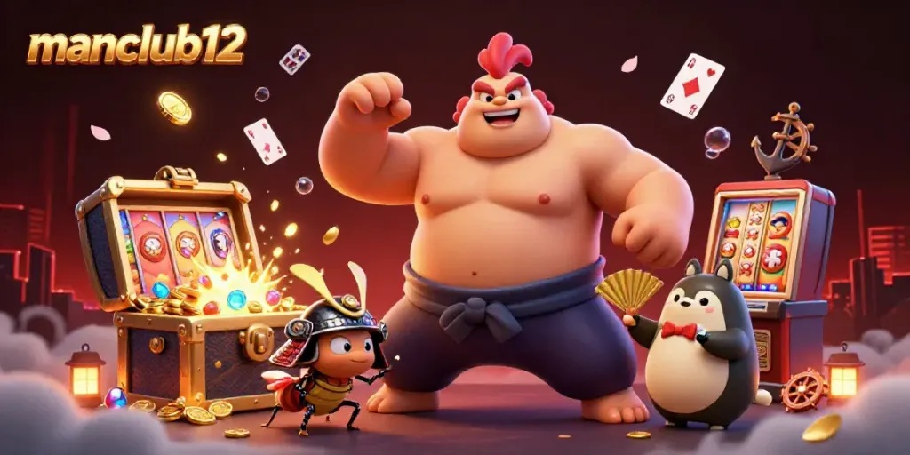 Experience vibrant gameplay at manclub12 with a dynamic 3D illustration of exciting casino elements.