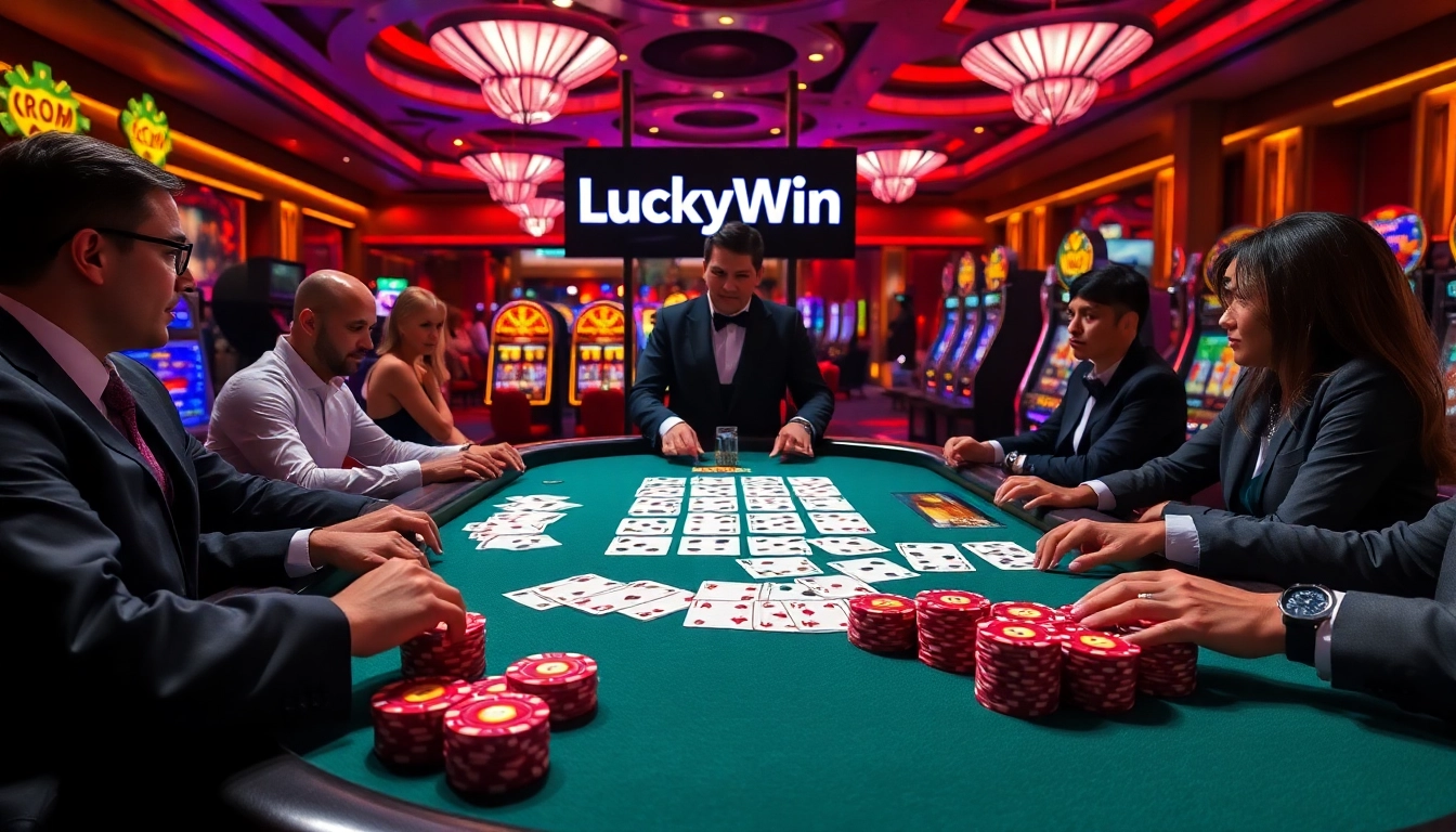 Experience thrilling moments at LuckyWin's poker table with vibrant chips and glowing slot machines.