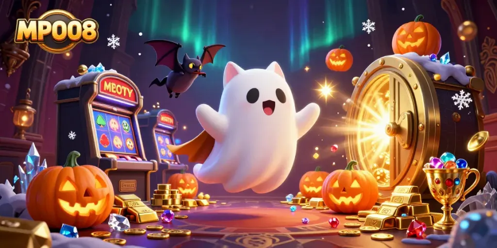 MPO08 conjures thrilling adventures with a ghost cat, vampire bat, and glowing jack-o-lanterns in a mystical casino.