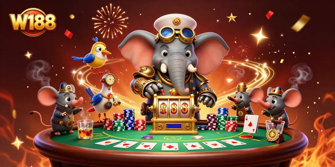 Experience thrilling gameplay with W188 in this vibrant steampunk casino scene filled with excitement.