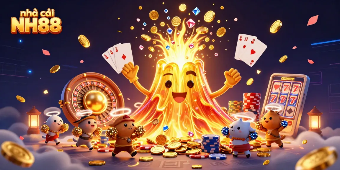 Experience thrills at nhà cái NH88 with a dynamic 3D casino illustration of treasure and excitement.