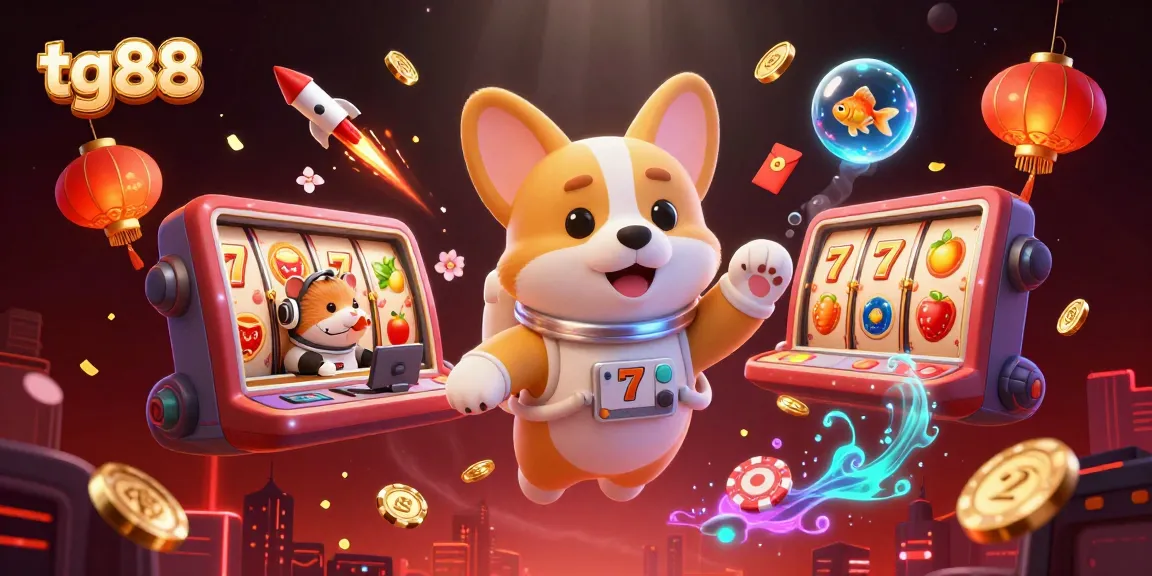 Watch tg88 slots jackpot spin with a playful astronaut corgi in a lively casino scene.