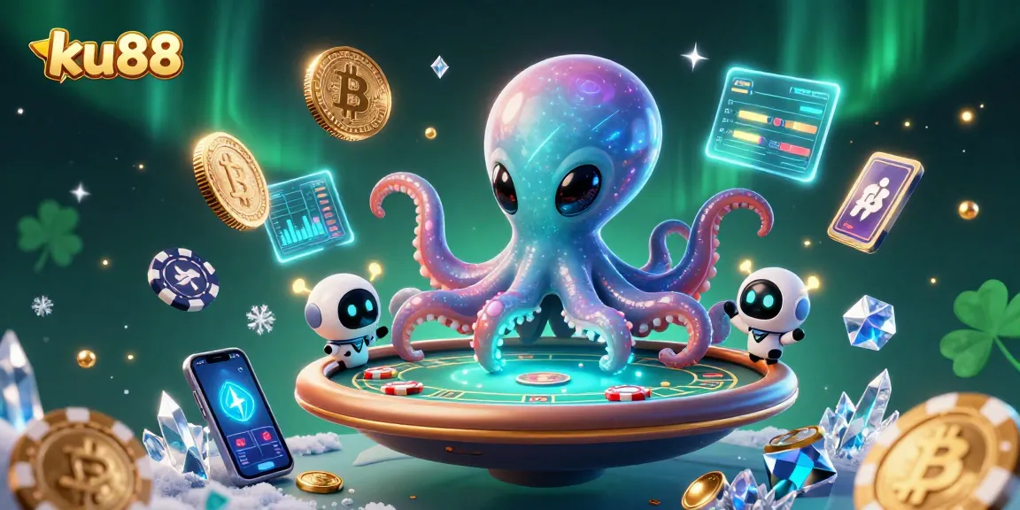Engage with ku88's thrilling poker scene animated by a cartoon alien octopus and cosmic elements.