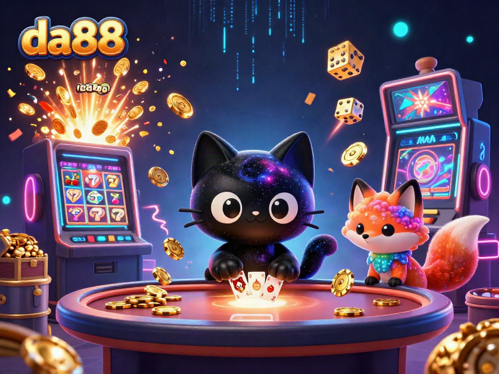 Engage with da88 at a cosmic casino table, where a black hole cat attracts golden chips and cards.