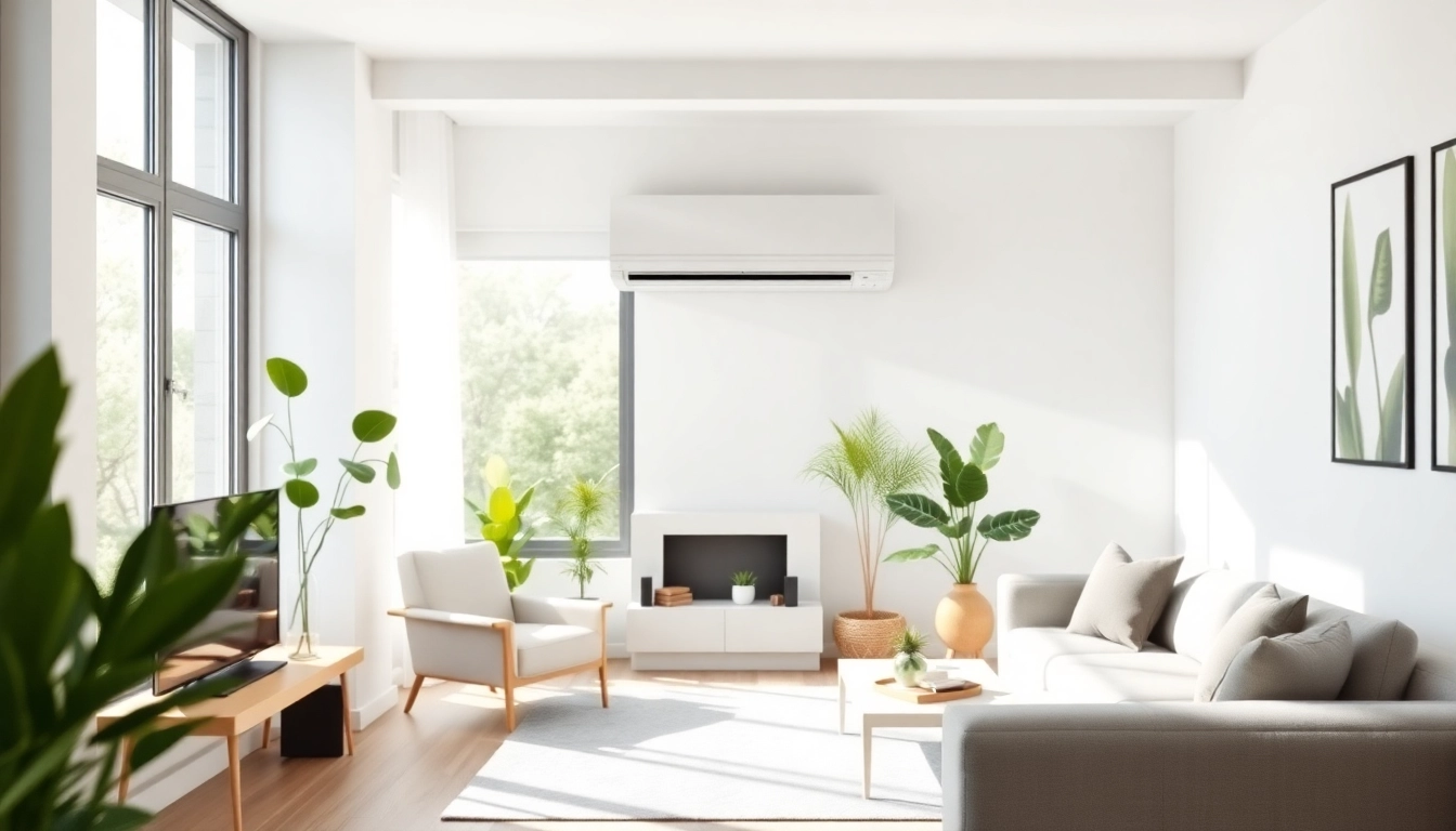 Installing a mini split ac in a modern living room setting with natural light.