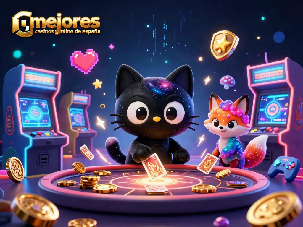 Visualiza "mejores casinos online de españa" en una escena dinámica de un gato negro de agujero, cautivando fichas doradas.