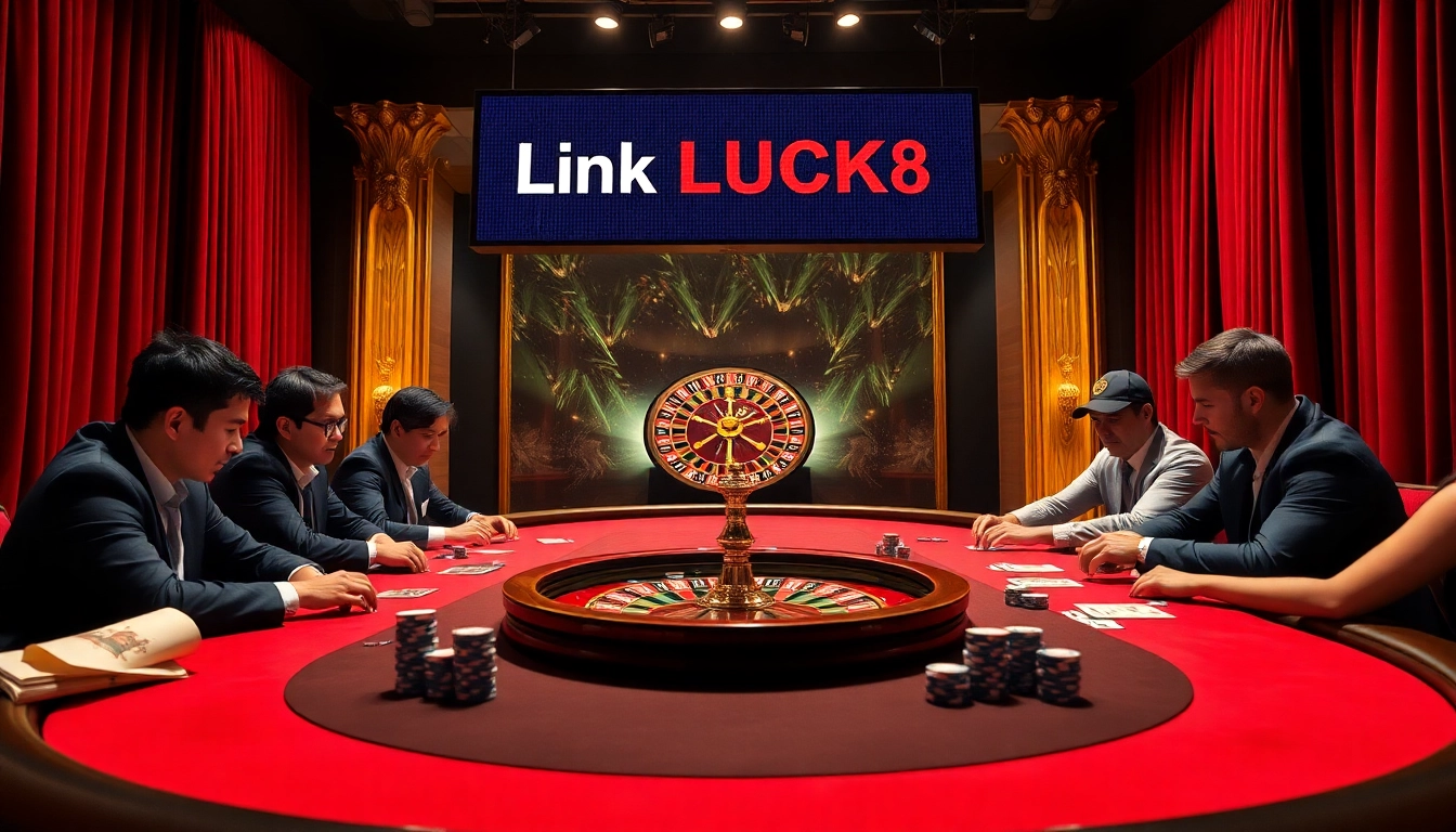 Players engage in high-stakes poker surrounded by glamorous decor and the Link LUCK8 banner.