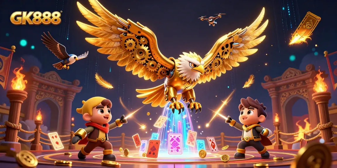 Experience thrilling gameplay with GK888, featuring a cybernetic eagle amidst dynamic casino elements.