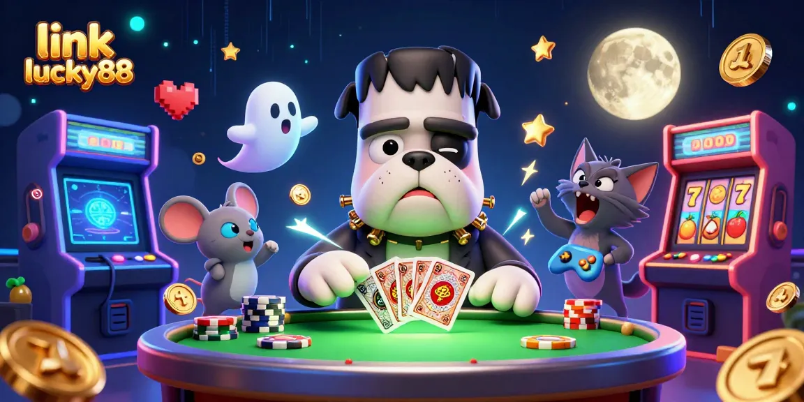 link lucky88 showcases a lively casino scene with a cartoon Frankenstein bulldog and ghostly mouse.