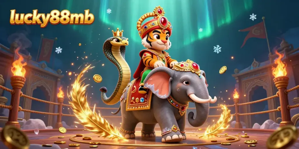 Experience the thrill of gaming at lucky88mb with a vibrant Indian maharaja on an elephant, animated by swirling gold and ember effects.