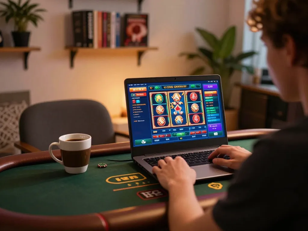 Engaging online gaming scene featuring TG88 on laptop with colorful slots interface.
