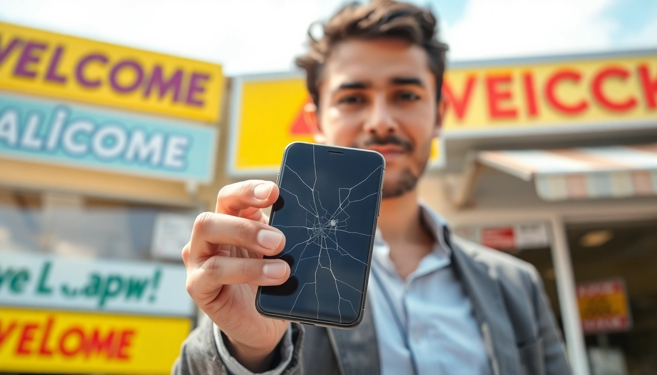 Sell Cracked Phone with visible cracks showcased in a bright storefront setting.