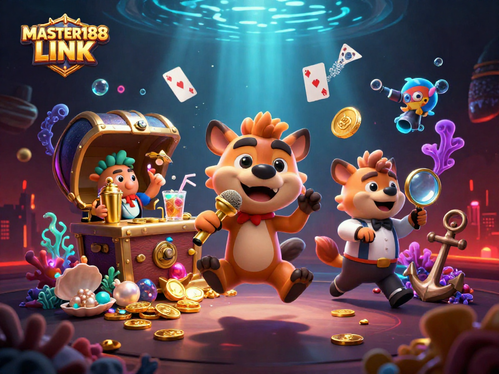 Experience the excitement of MASTER188 LINK with lively hyena characters in a vibrant casino atmosphere.