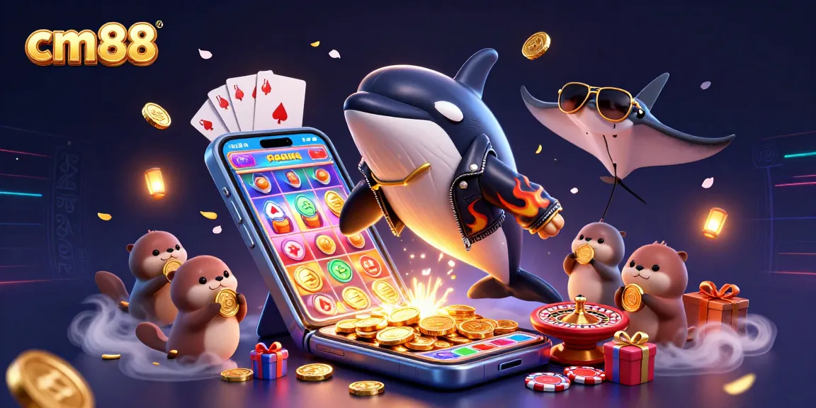 Experience exciting gameplay at cm88 with a 3D scene featuring an orca, stingray, and otters