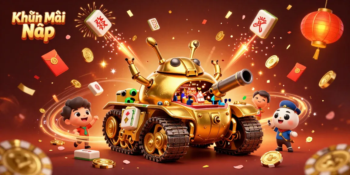 Engage with Khuyến Mãi Nạp in this vibrant, 3D casino-themed illustration showcasing a golden beetle tank and festive elements.