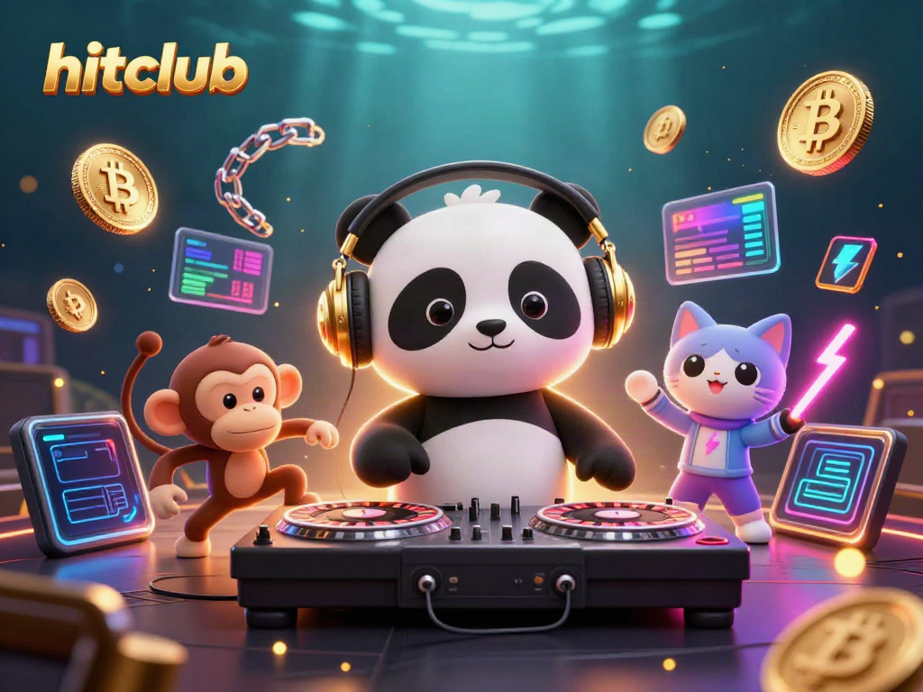 Hitclub casino scene showcasing a DJ panda and dancing characters in a vibrant online gaming atmosphere.