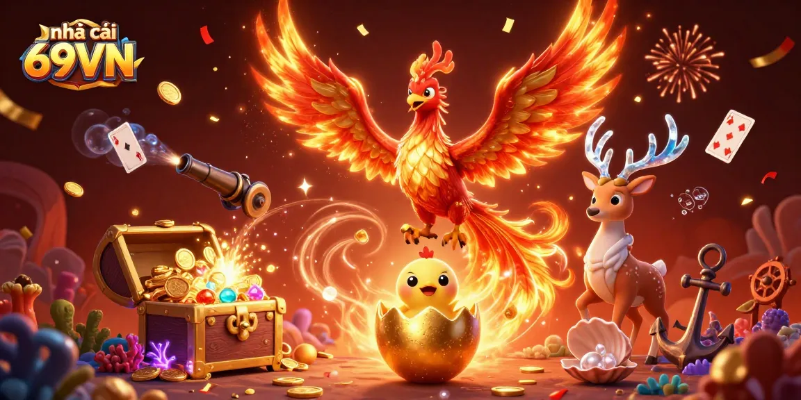 Experience the excitement of nhà cái 69VN with a fire phoenix and vibrant casino elements.