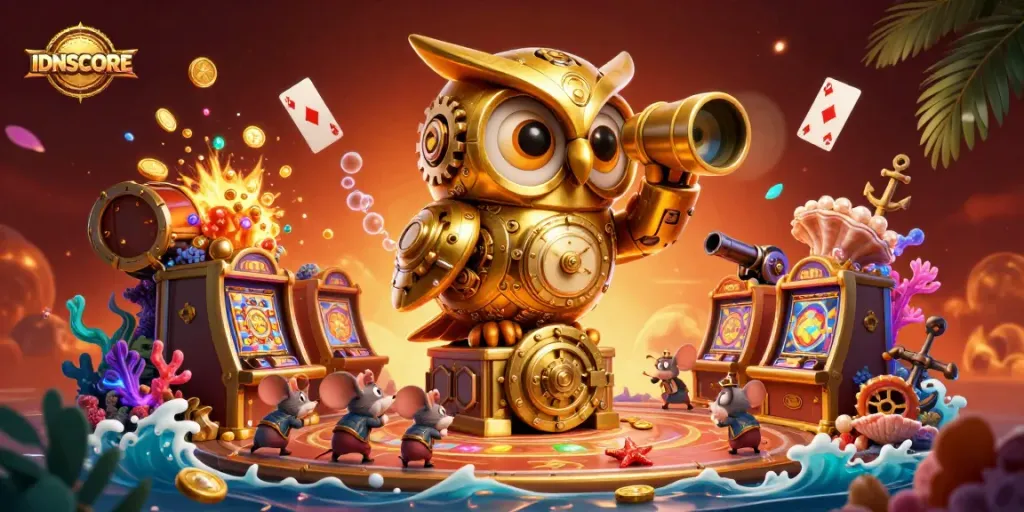 Enhance your IDNSCORE experience with a vibrant casino-themed 3D illustration featuring dynamic game elements.
