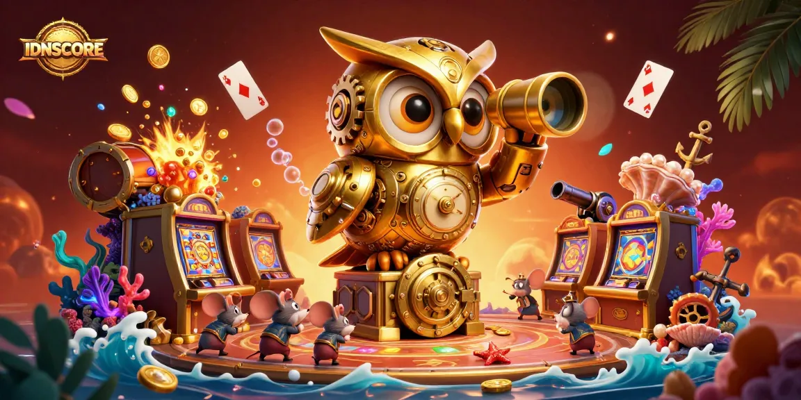 Enhance your IDNSCORE experience with a vibrant casino-themed 3D illustration featuring dynamic game elements.