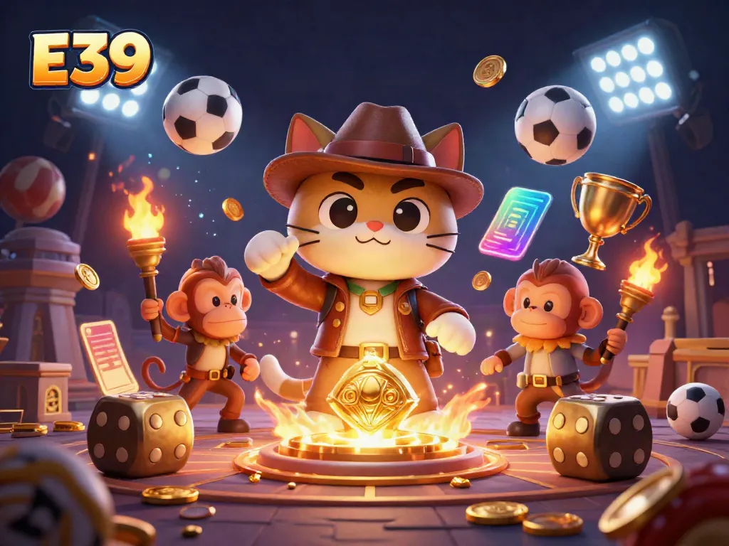 Engage in E39 gaming adventures, featuring a cartoon cat explorer discovering a golden casino artifact.