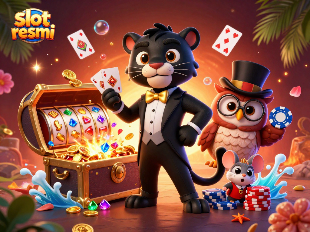 Experience winning with slot resmi as a panther deals cards, chips, and jackpot symbols