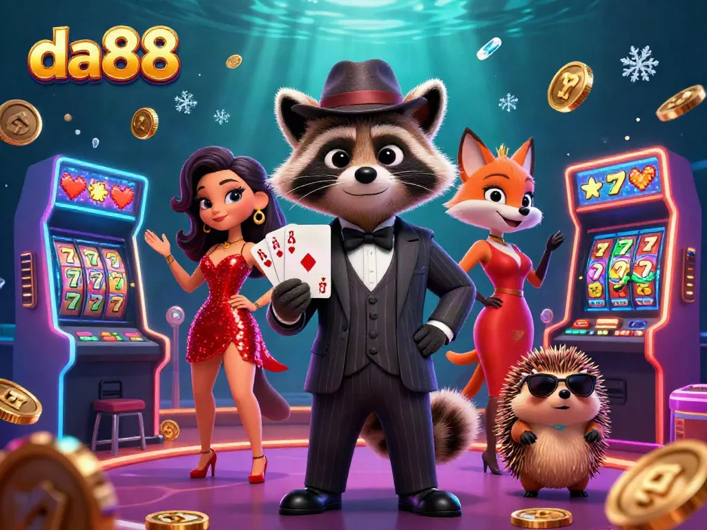Experience thrilling casino action at da88 with a suave raccoon and vibrant gaming elements.