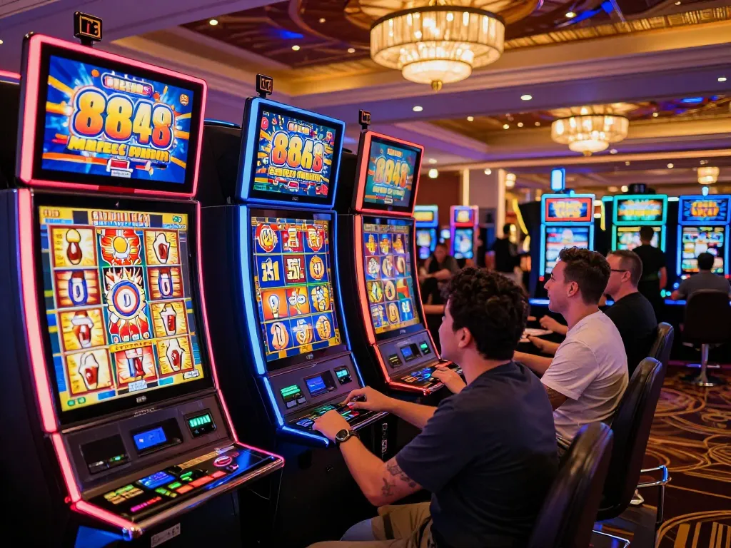 Players celebrating wins at slot888 machines in a vibrant casino atmosphere.
