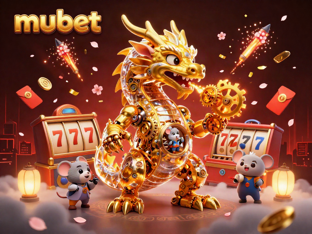 Join the excitement with mubet's 3D golden dragon as it breathes gears in a vibrant casino scene.