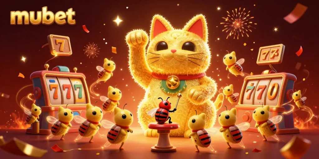 Engage with mubet's thrilling gaming experience, featuring a lucky cat and festive casino symbols.