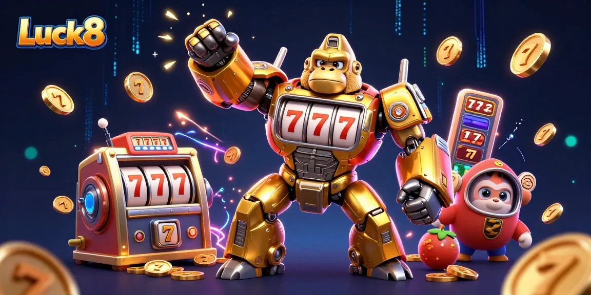 Experience Luck8's thrilling gaming adventure with an explosive gorilla mech and jackpot symbols.