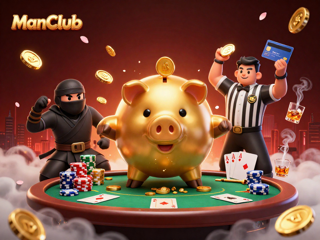 Engage with ManClub's vibrant casino scene featuring a golden piggy bank sumo wrestler in action.