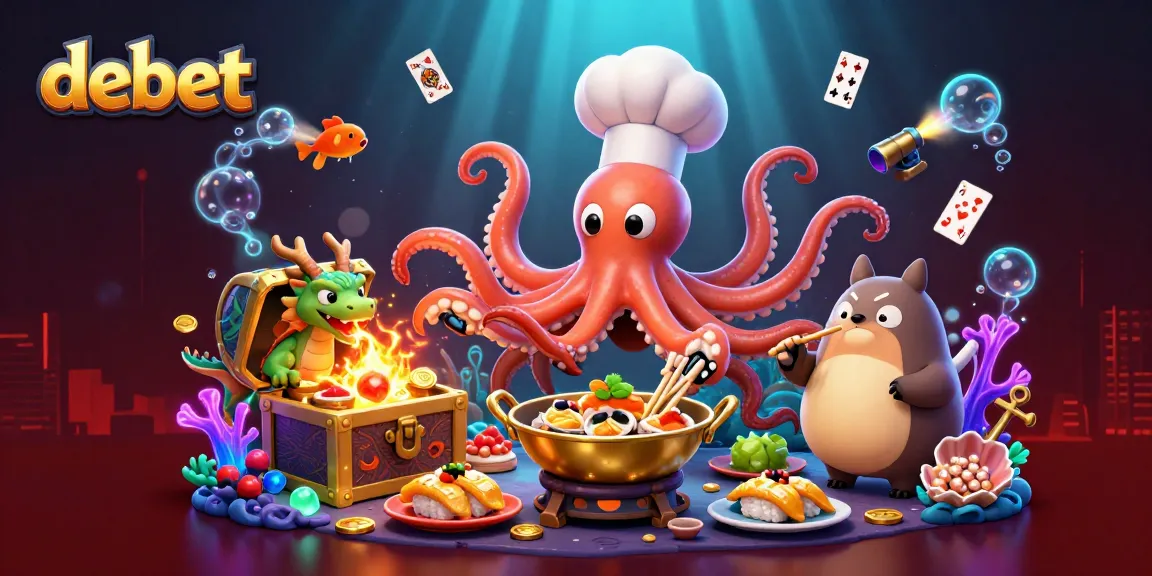 Delve into debet's thrilling world as cartoon characters prepare fantastic dishes amidst treasures and glowing elements.