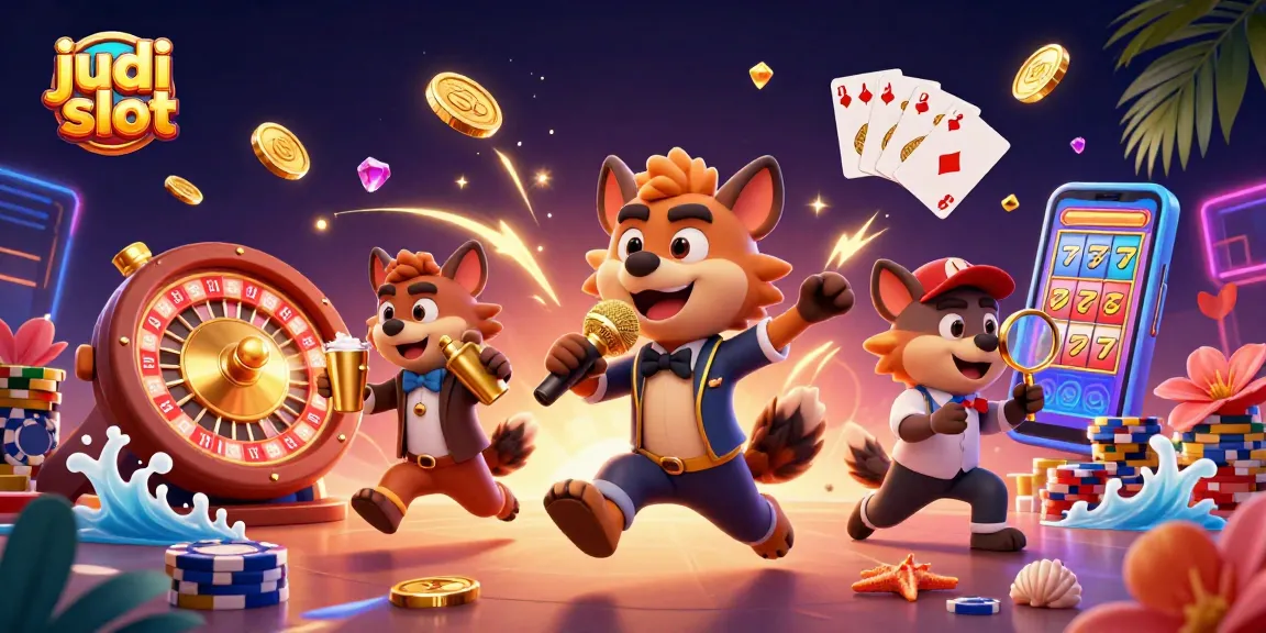 Catch the excitement of judi slot with hyenas in a dynamic 3D casino scene filled with golden coins and treasures.
