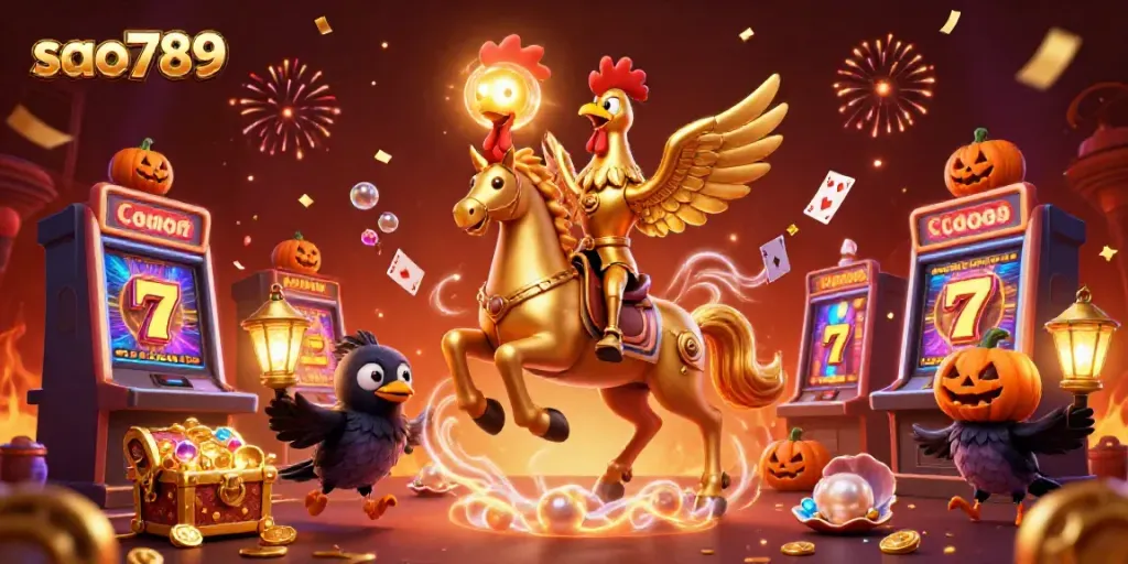 Experience the thrilling atmosphere of sao789 with a golden rooster character amidst rich casino elements.
