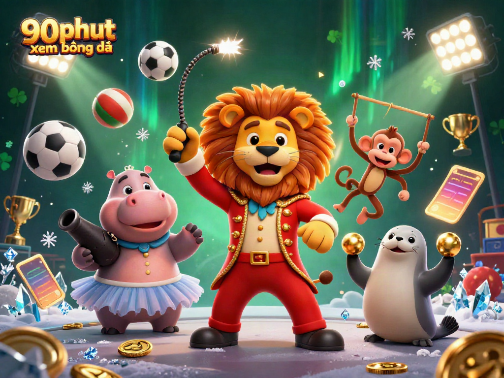 Engage with vibrant 90phut xem bóng đá dynamics featuring lively circus characters amidst sports elements.