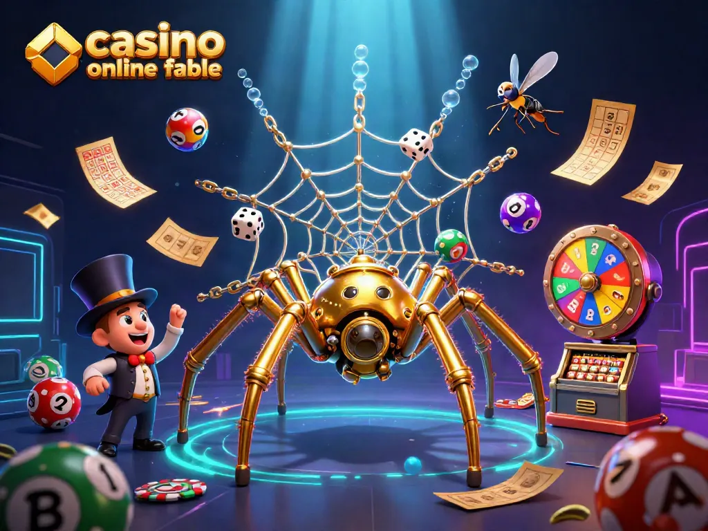 Juega en un casino online fiable con una ilustración de una araña dorada tejiendo una red de cadenas.