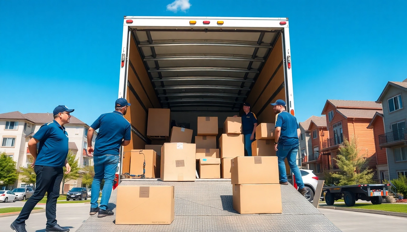 Calgary movers expertly load items into a truck in a bright urban setting.