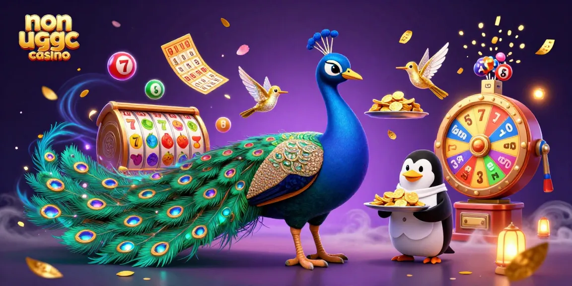 Experience the excitement at a non ukgc casino with vibrant slot reels, golden chips, and lively characters.