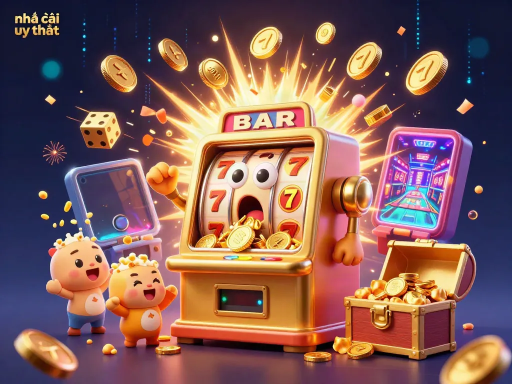 Join the fun at nhà cái uy tín as a golden slot machine hits the jackpot with coins flying everywhere.