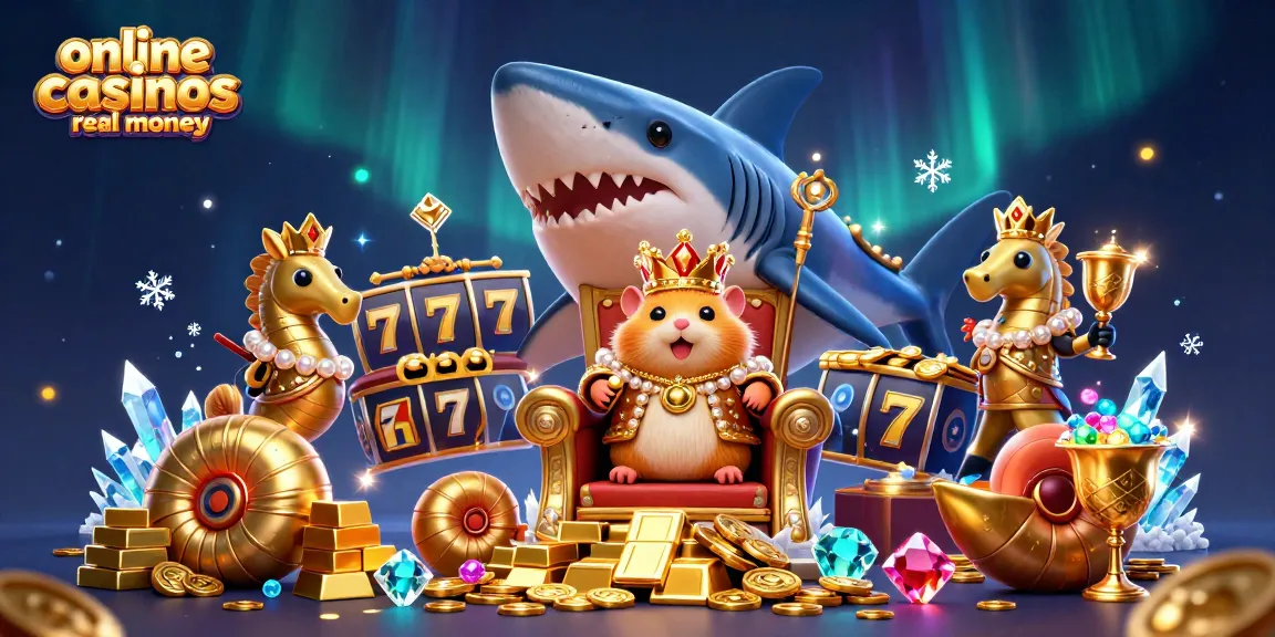Experience the excitement of online casinos real money with vibrant 3D gaming elements like slot reels and gemstones.