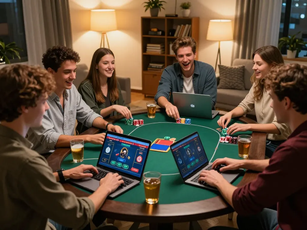 Engage in exciting online poker gameplay with Link Bet88 in a cozy home setting, showcasing lively interaction among friends.