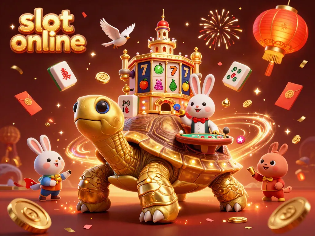 Experience excitement with slot online through a vibrant 3D casino scene featuring a golden tortoise, rabbit dealer, and golden coins.